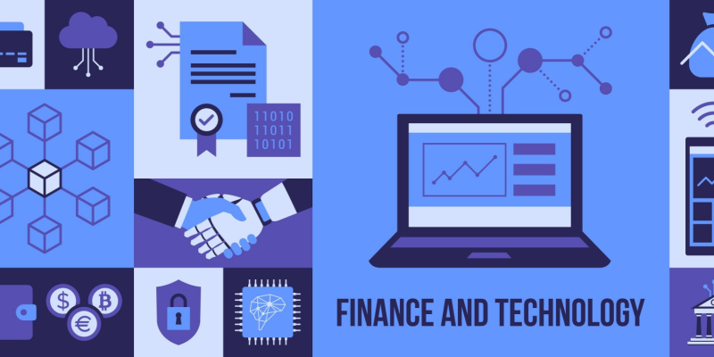 Vector background with icons illustrating technology, business, and finance innovations.